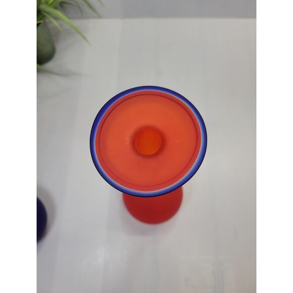 2 Vintage Carlo Moretti Art Glass Vases Red 11", Colbalt Blue 12" Satin - Picture 6 of 7